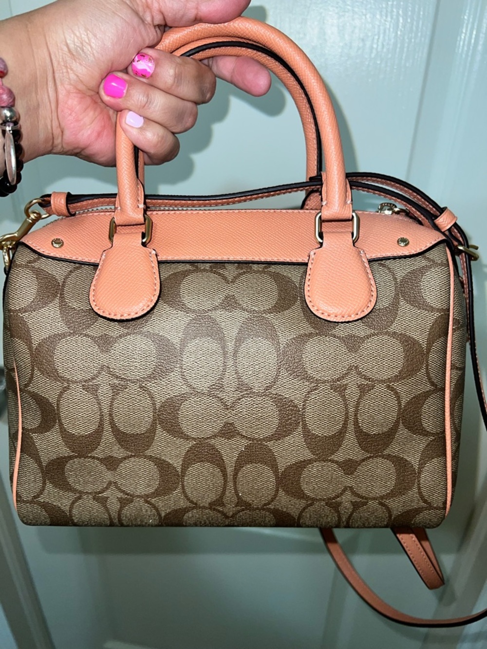 Coach Brown Signature Satchel with Pink Flamingo Accent - Picture 5 of 11